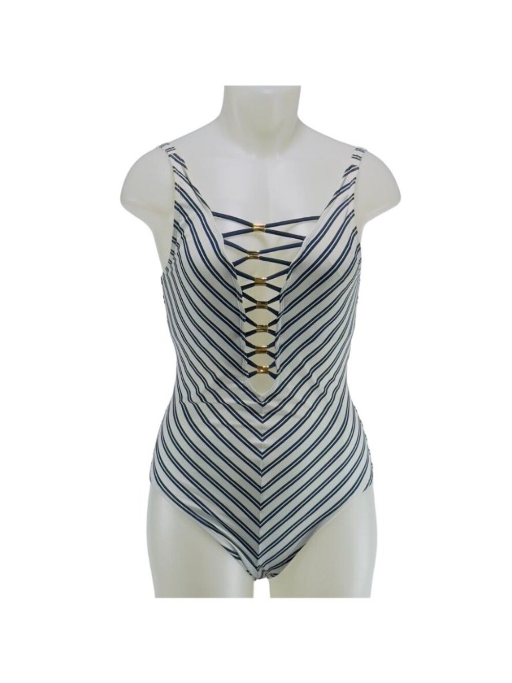 BLEU ROD BEATTIE Women's Swimsuit 1 Pc Striped Open Back Lace Up Size 4 - Picture 10 of 10